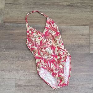 Catalina One-piece Tropical Print Red Halter Tie Back Swimsuit Womens Size M